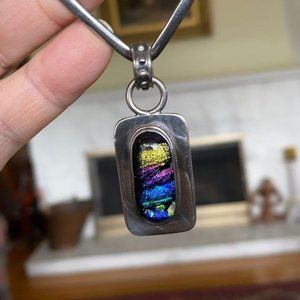 925?Sterling Silver Cuff Choker Stunning Rectangle Dichroic Glass Pendant